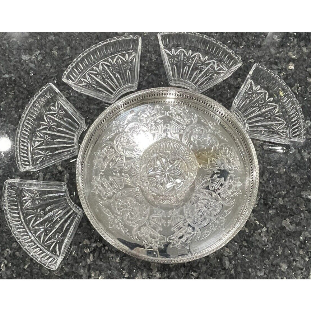 Vintage Falstaff Silver Lazy Susan Crystal Trays Serving Hvy 6lbs Round Rotating